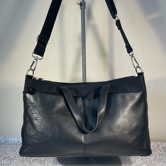 HOBO Black Leather/Nylon Messenger Bag, Adjustable Strap - Picture 1 of 16